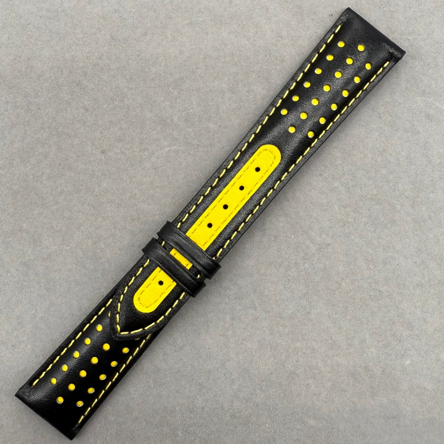 Handcrafted Custom Black Plain Cowhide Watch Strap with Yellow Perforations & Yellow Stitching for Omega
