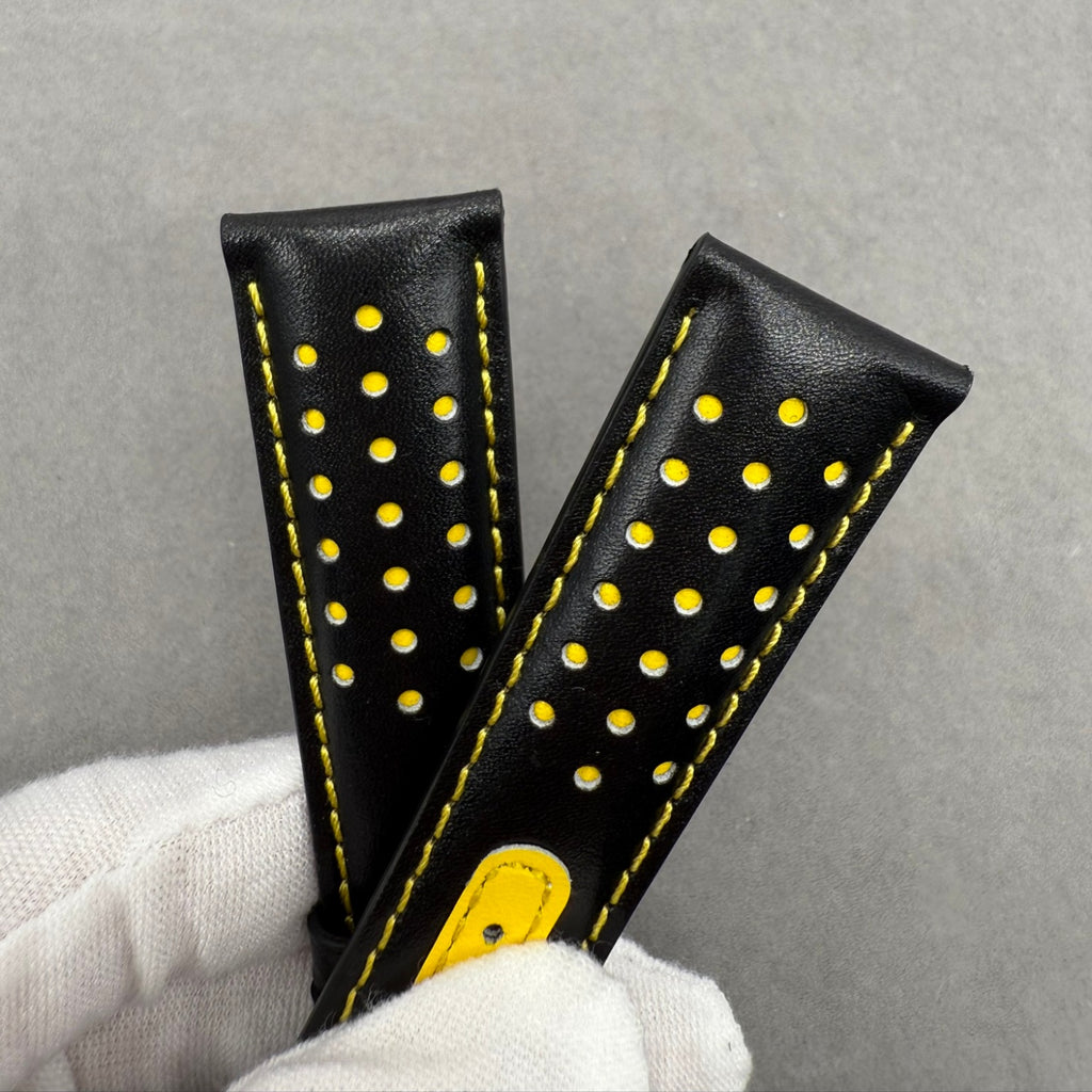 Handcrafted Custom Black Plain Cowhide Watch Strap with Yellow Perforations & Yellow Stitching for Omega