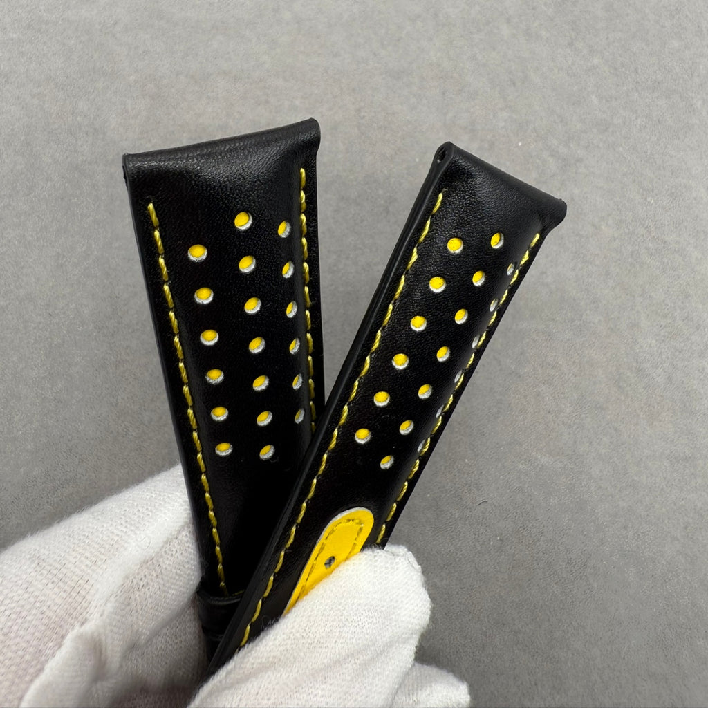 Handcrafted Custom Black Plain Cowhide Watch Strap with Yellow Perforations & Yellow Stitching for Omega