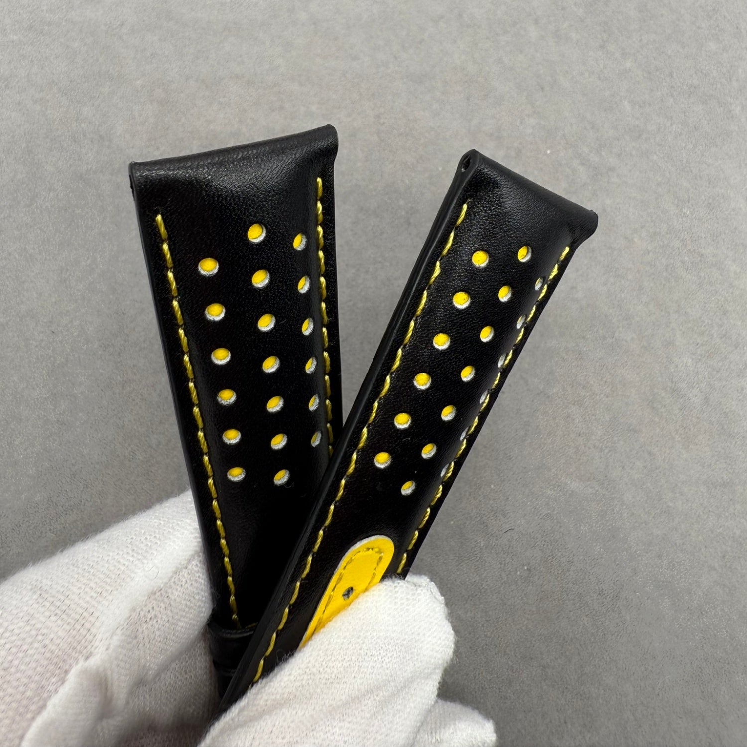 Handcrafted Custom Black Plain Cowhide Watch Strap with Yellow Perforations & Yellow Stitching for Omega