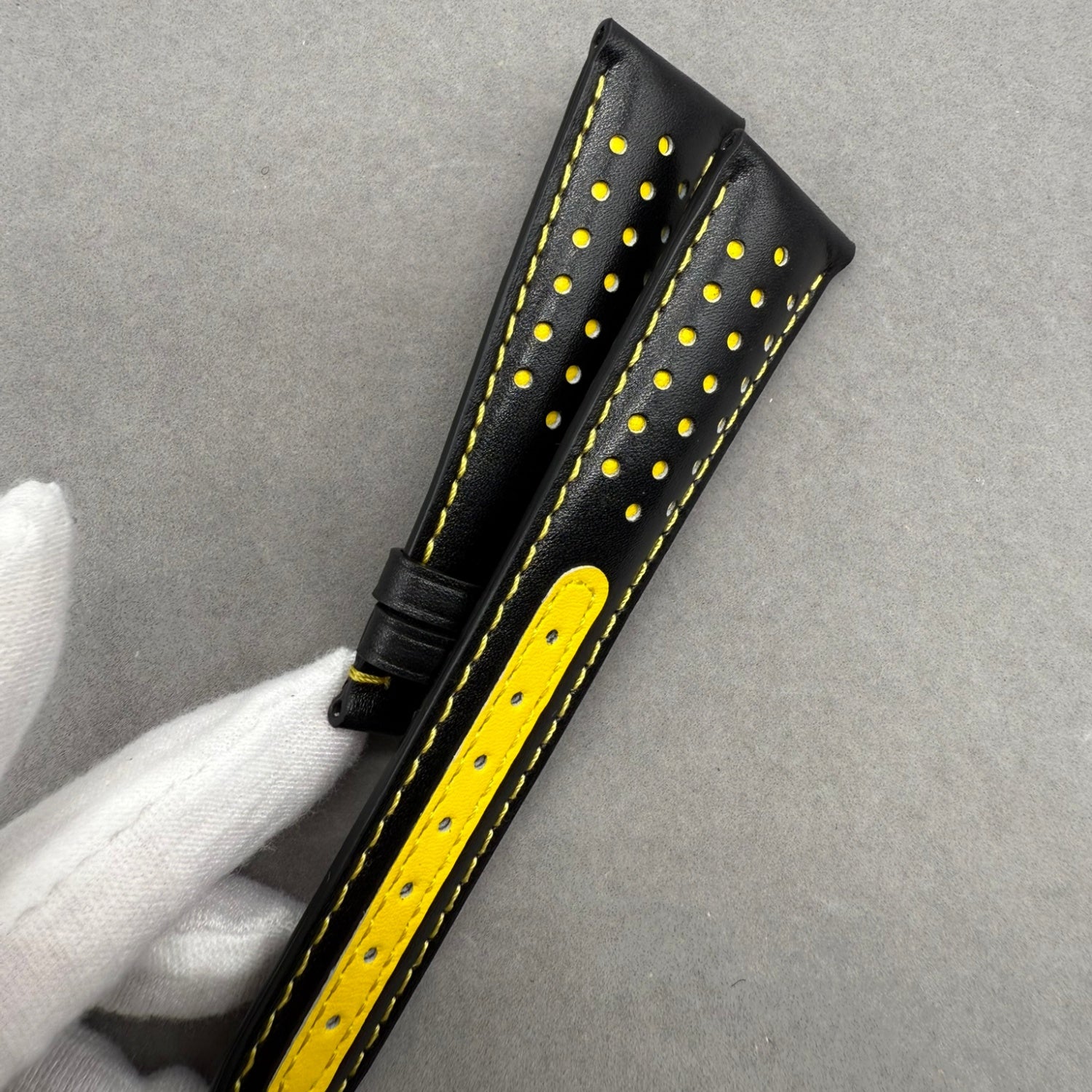 Handcrafted Custom Black Plain Cowhide Watch Strap with Yellow Perforations & Yellow Stitching for Omega