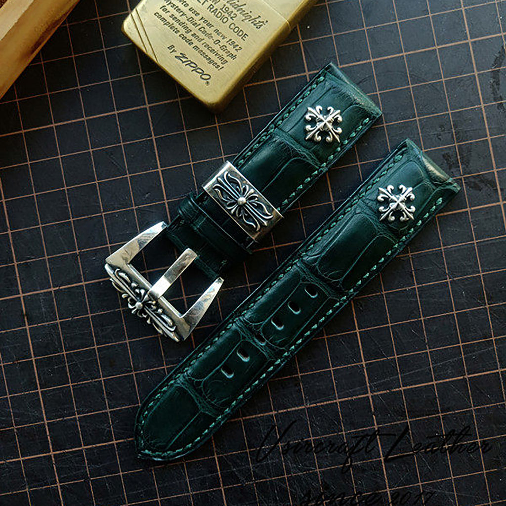 Handmade American Alligator Leather Watch Strap - Customized, Medium Gloss, Black & Brown, Pin Buckle, Sweat-Resistant