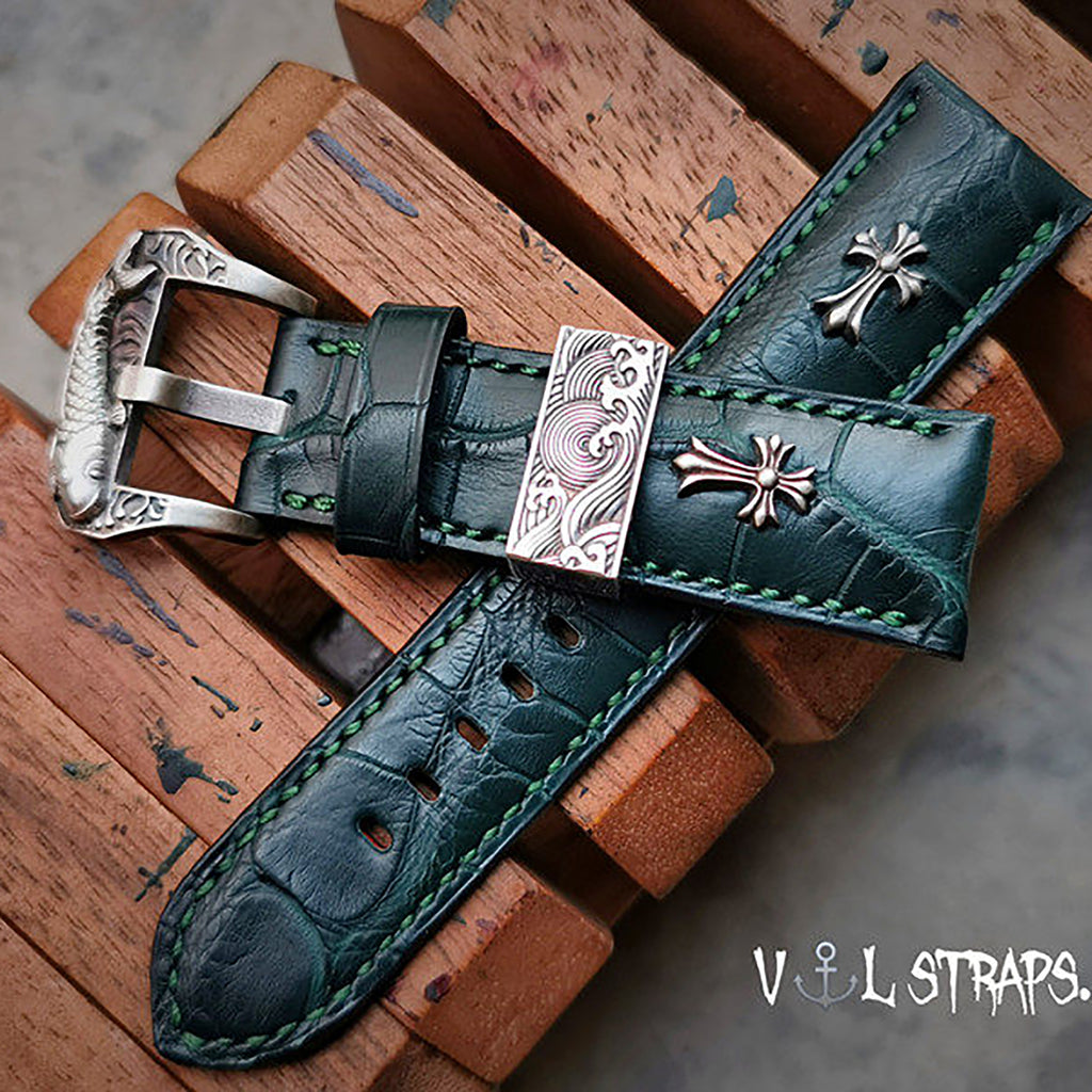 Handmade Custom American Crocodile Leather Watch Strap - Cracked Texture, Satin Finish, Black & Forest Green, Pin Buckle, Sweat-Resistant