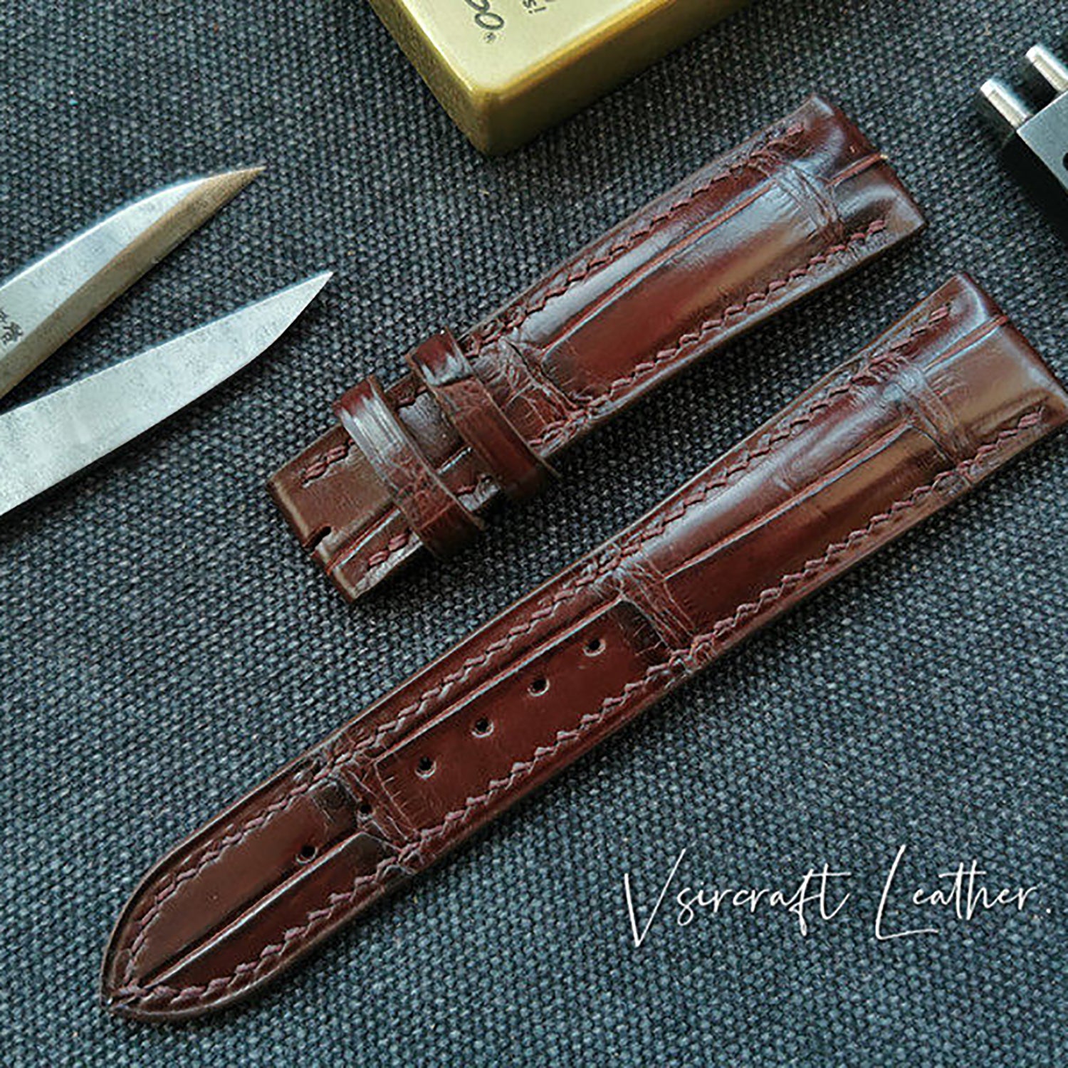 Handmade American Alligator Leather Watch Strap - Customized, Medium Gloss, Black & Brown, Pin Buckle, Sweat-Resistant