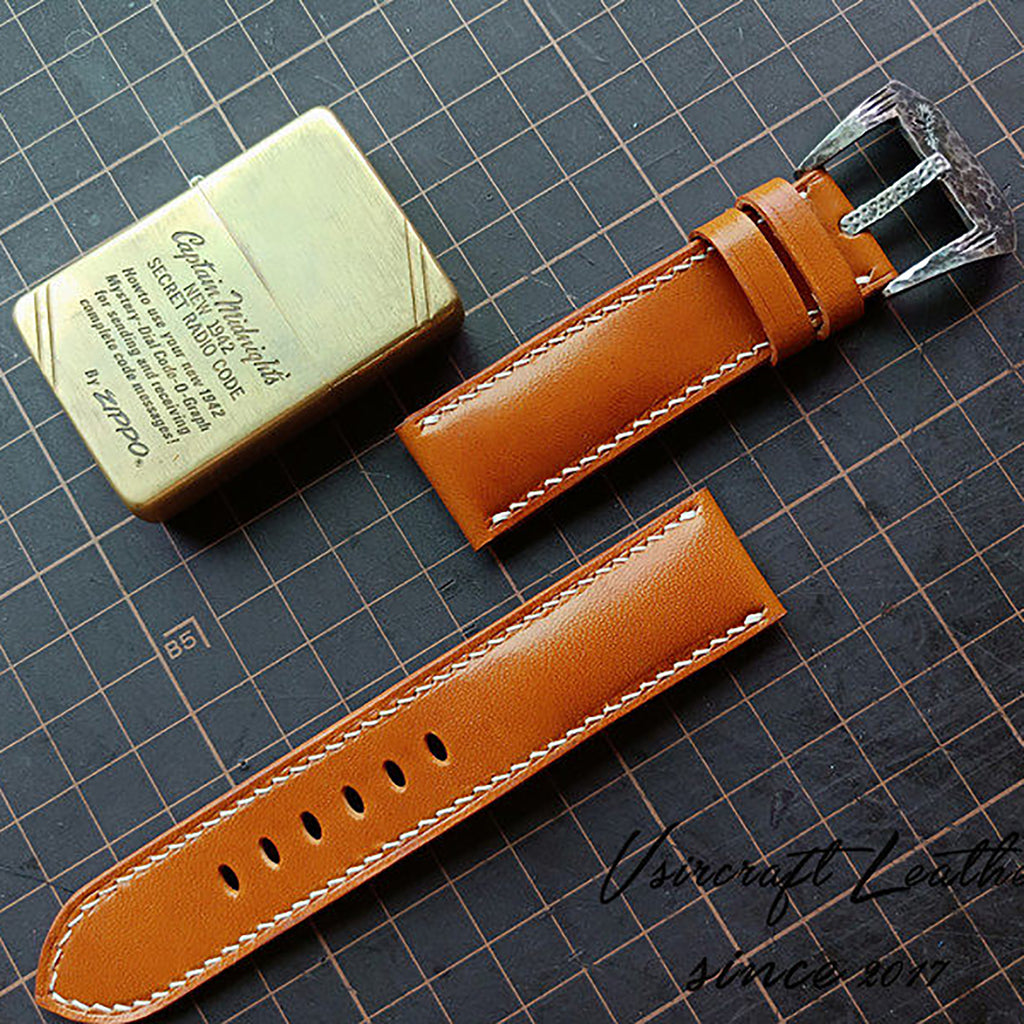 Handmade Custom Italian Chestnut Brown Cowhide Watch Strap - Sweat-Resistant, Soft, Genuine Leather Buckle
