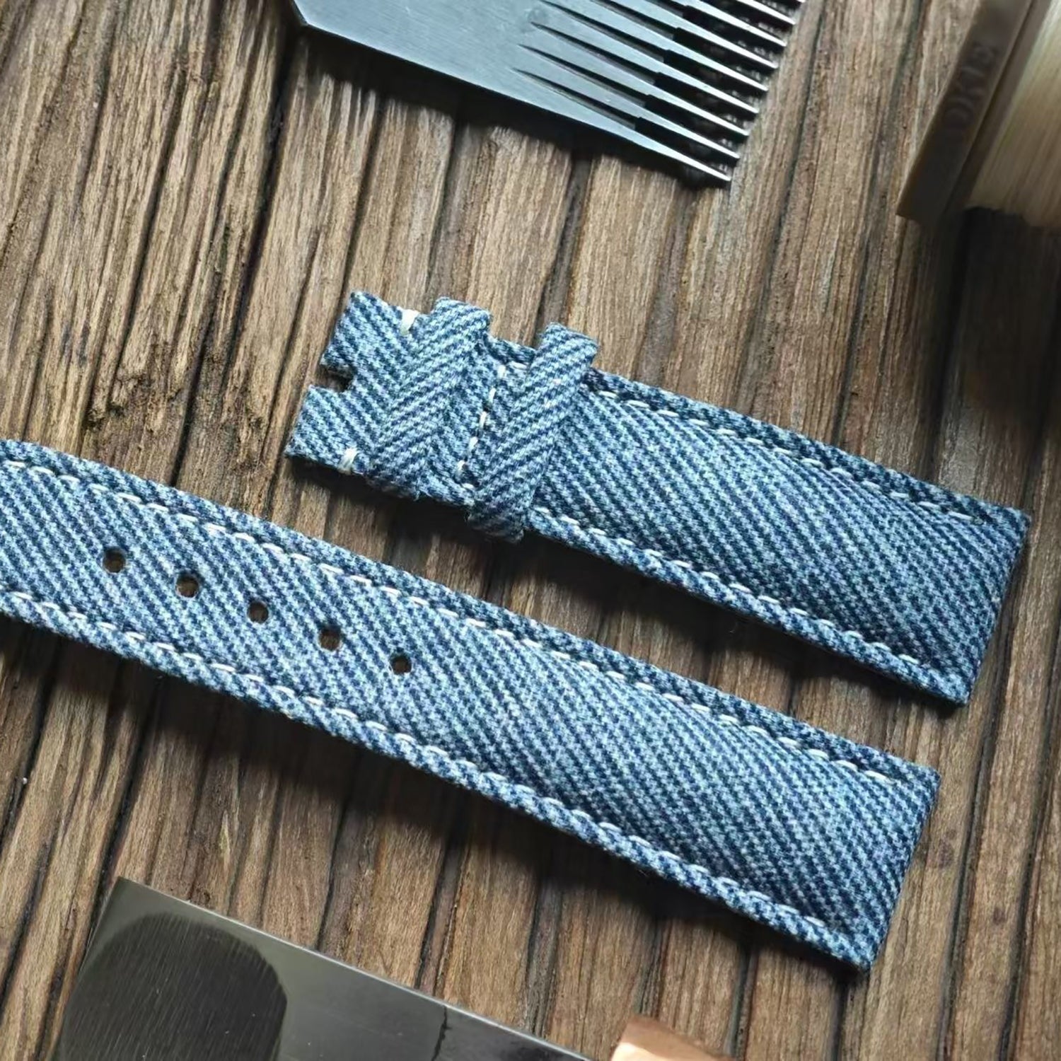 Handcrafted Custom Watch Strap - Imported Blue Denim & PP French Calf Leather, Minimalist Pin Buckle