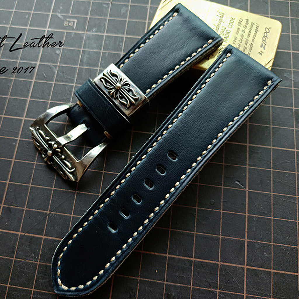 Handmade Custom American Horween Leather Watch Strap - Ink Blue & Dark Blue, Thickened & Soft, Pin Buckle