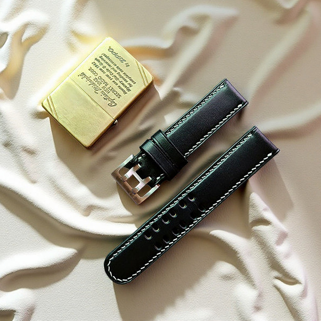 Handmade Custom Italian Black Cowhide Watch Strap, Double Needle & Double Hole Design, Soft and Durable, with Pin Buckle
