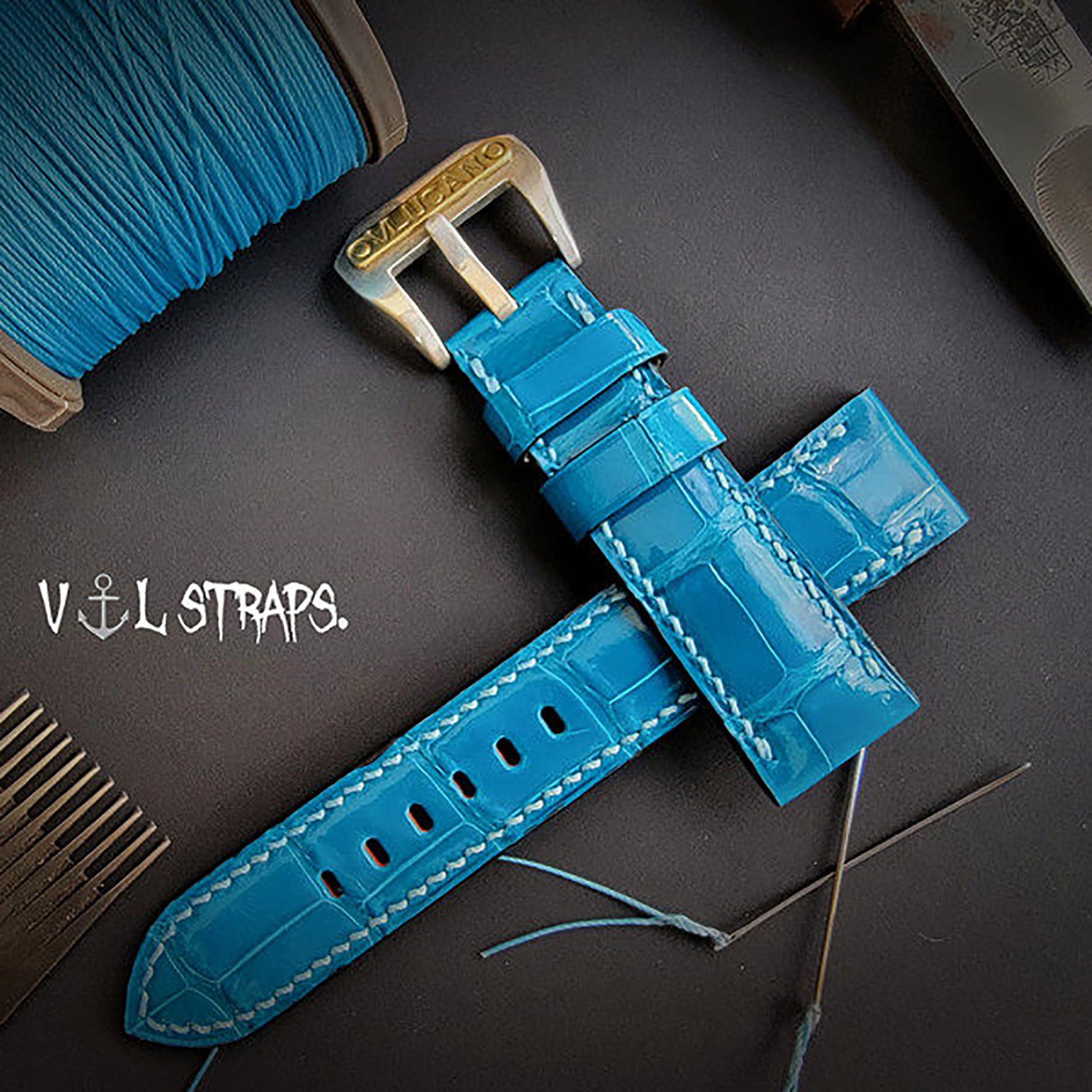 Handmade High-Gloss American Crocodile Leather Watch Strap - Custom Milk White Color, Waterproof, Thickened & Soft - Original Blue