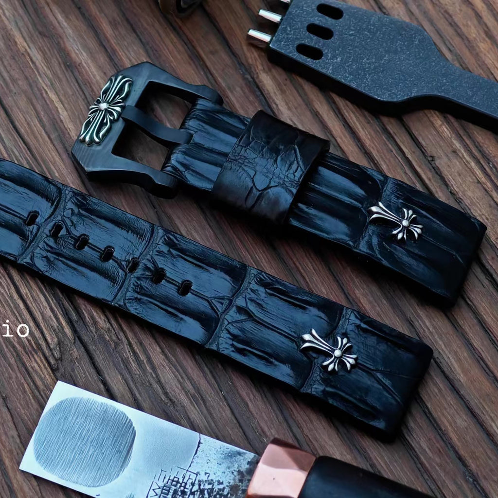 Handcrafted Custom Crocodile Bone Leather Watch Strap - Vintage Raised Inlay with Black, Waterproof & Sweat-Resistant