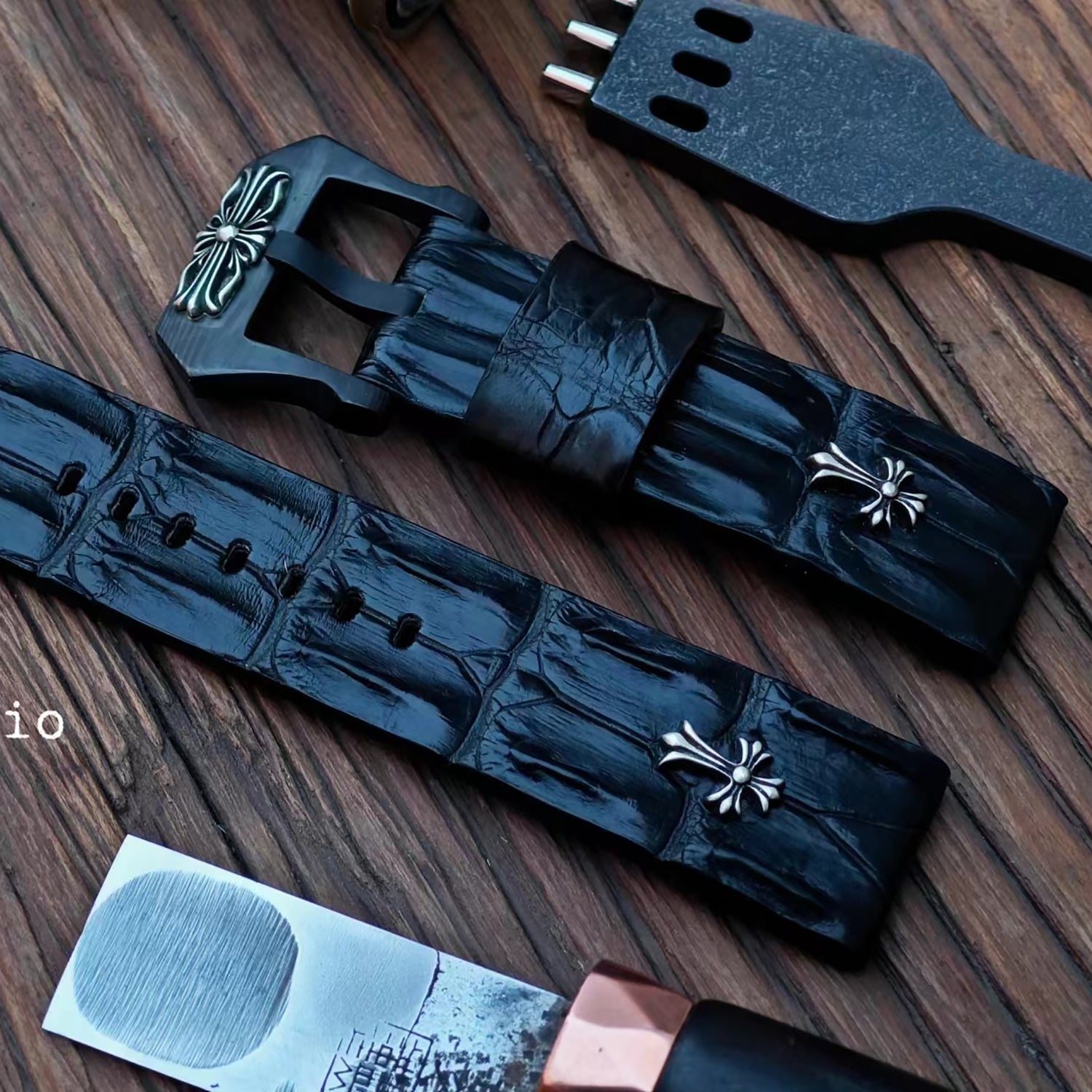 Handcrafted Custom Crocodile Bone Leather Watch Strap - Vintage Raised Inlay with Black, Waterproof & Sweat-Resistant
