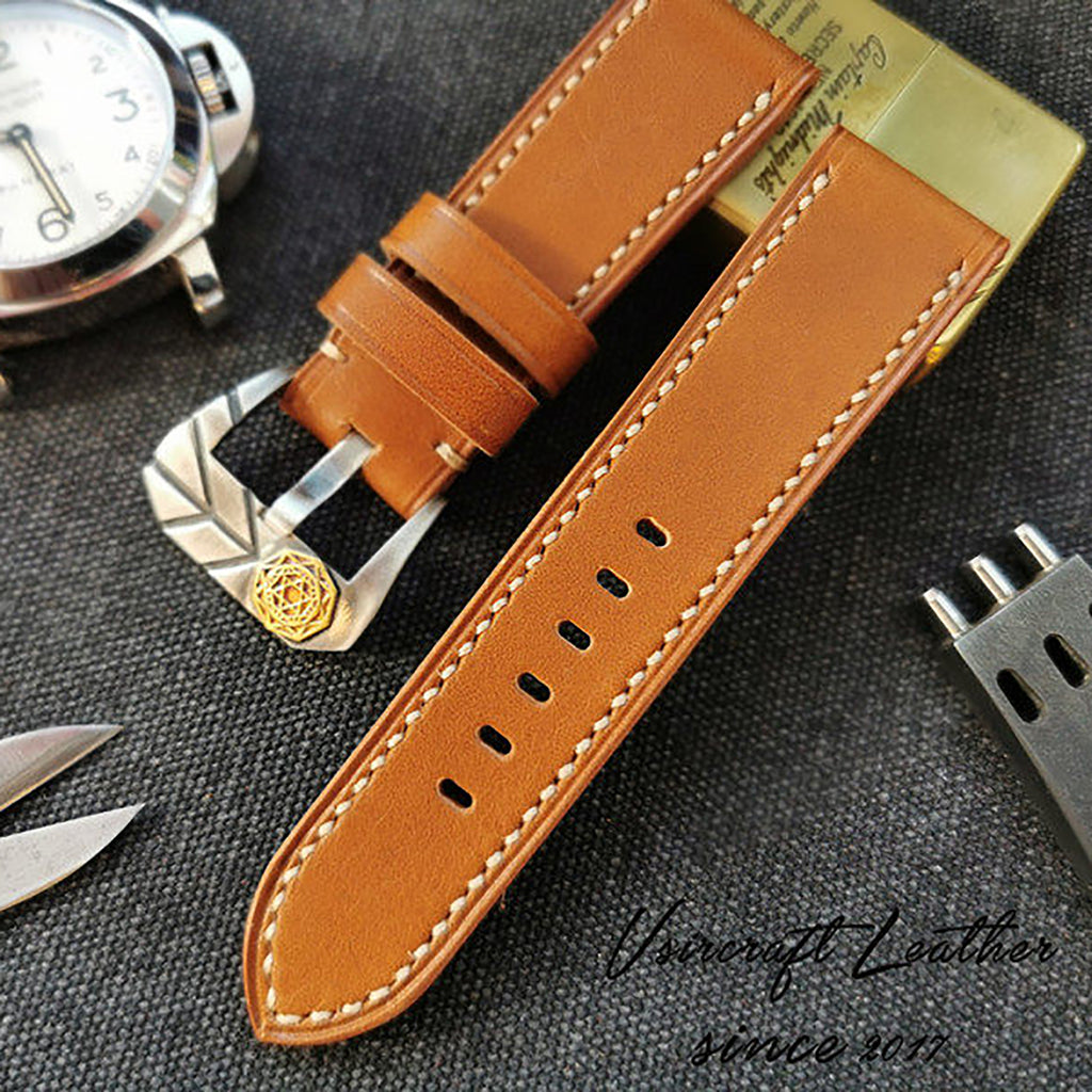 Handmade Custom Light Brown Tan Italian Leather Watch Strap - Vintage American Style, Soft, Thickened, Durable, Pin Buckle