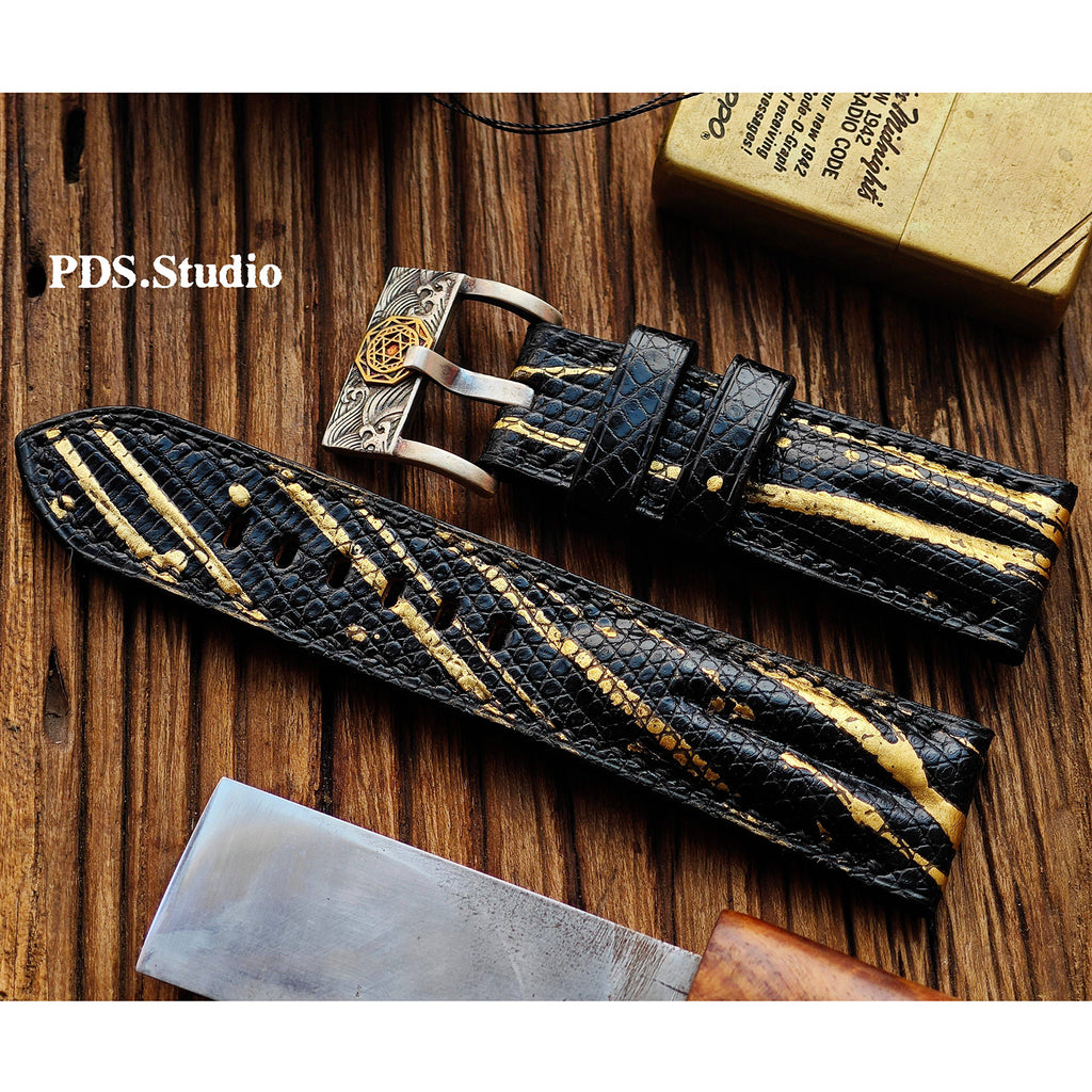 Handmade Custom Spanish Gilt Lizard Skin Watch Strap - Waterproof, Sweat-Resistant, Raised Texture, Black Pin Buckle