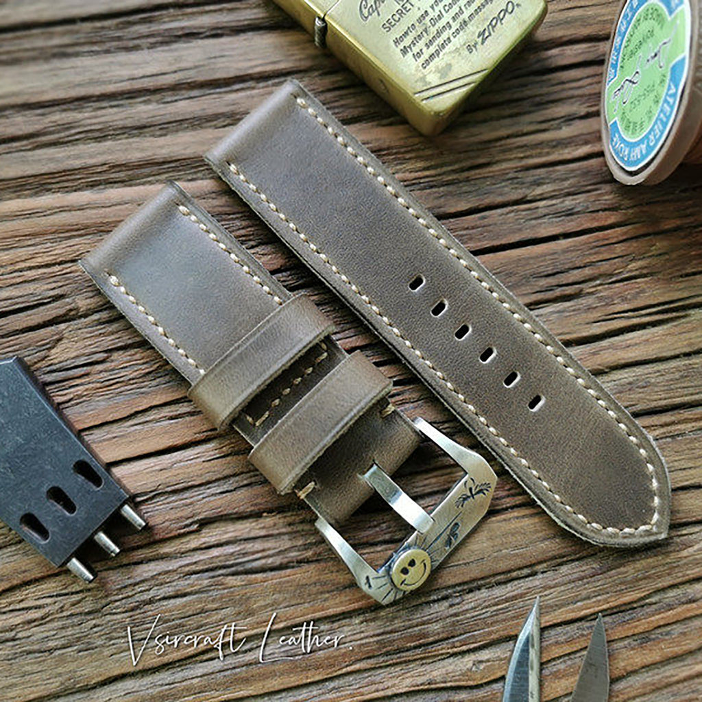 Handmade Custom American Vintage Olive Brown Thickened Cowhide Watch Strap - Soft, Durable, Pin Buckle, Cowhide Care