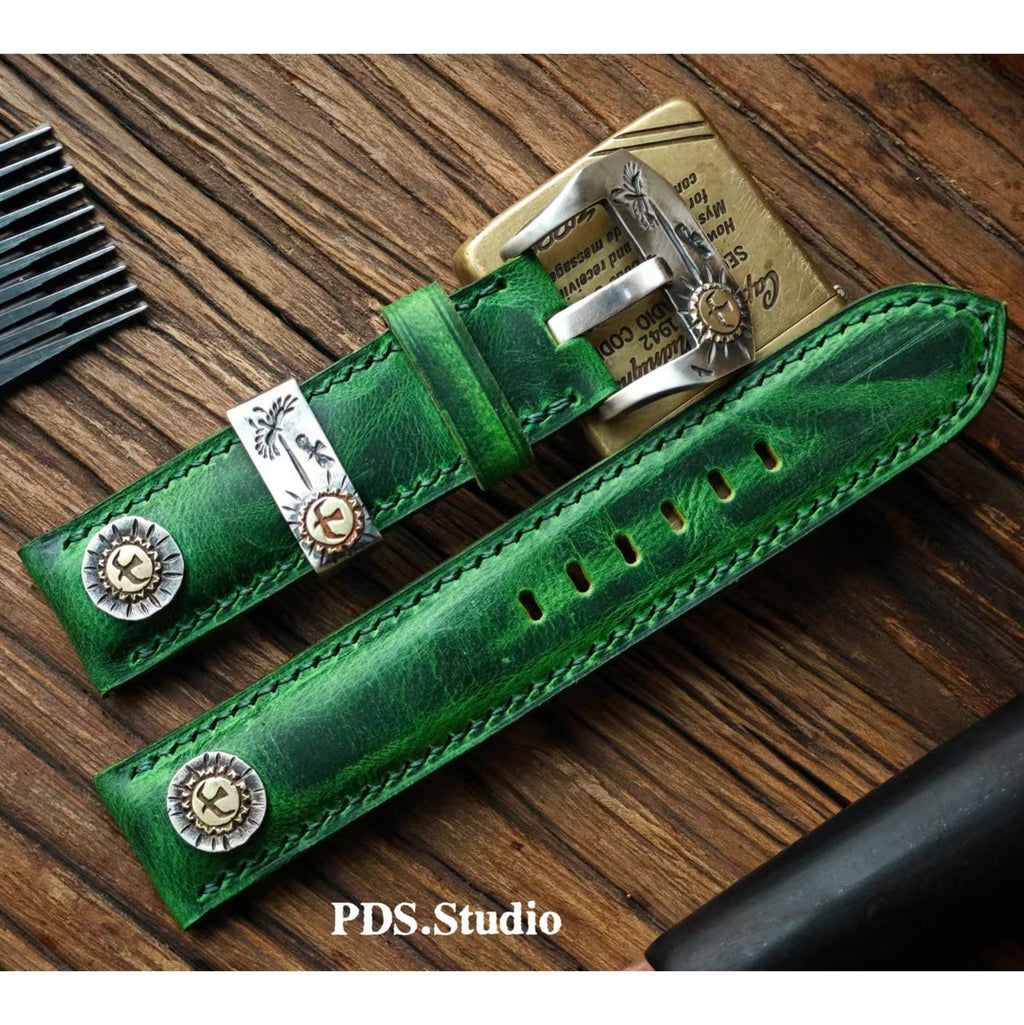 Handmade Custom Kudu Leather Watch Strap - Vintage Green, American Raised Texture, Pin Buckle, Extended Length