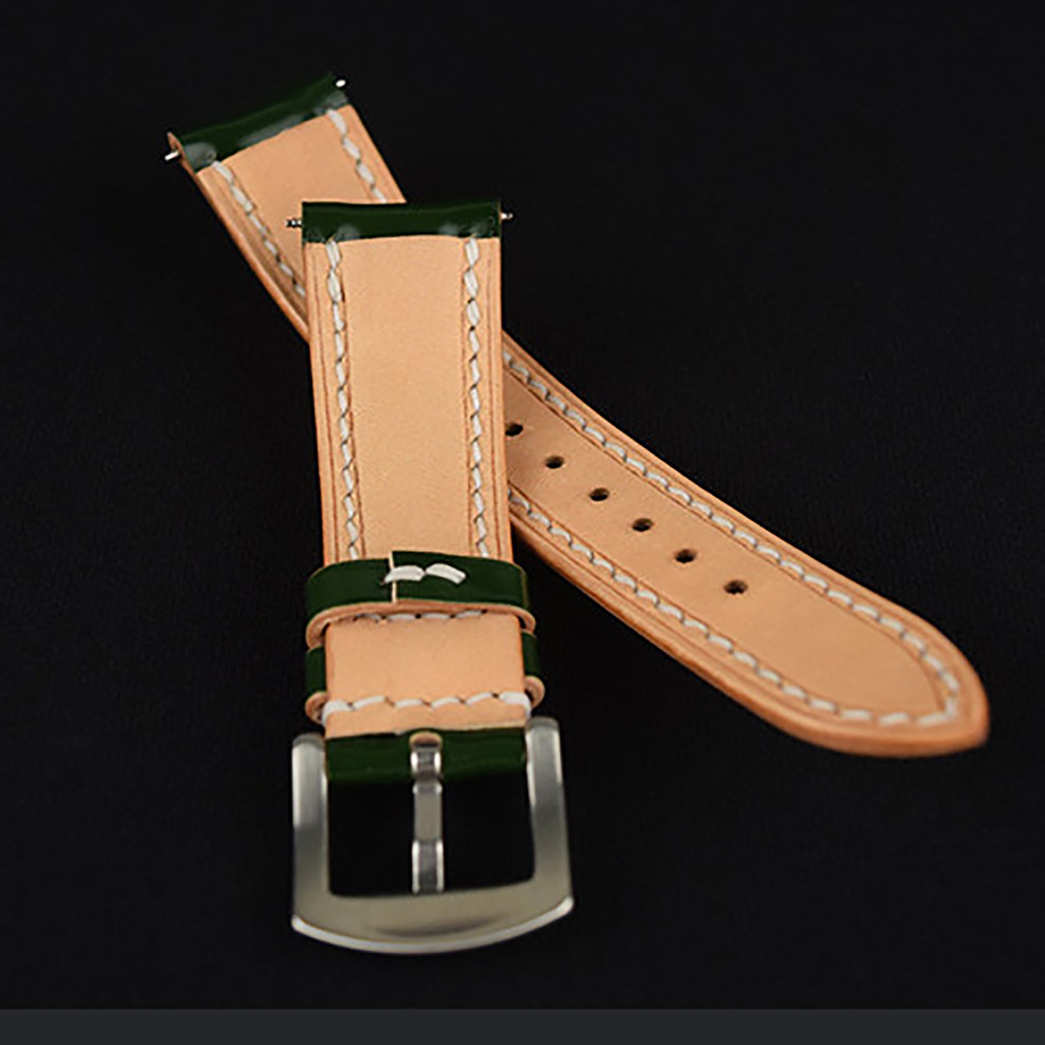 Handmade Custom Green Horsehide Leather Watch Strap with 925 Silver Studs - Vintage & Premium Style for "Green Water Ghost" Watch