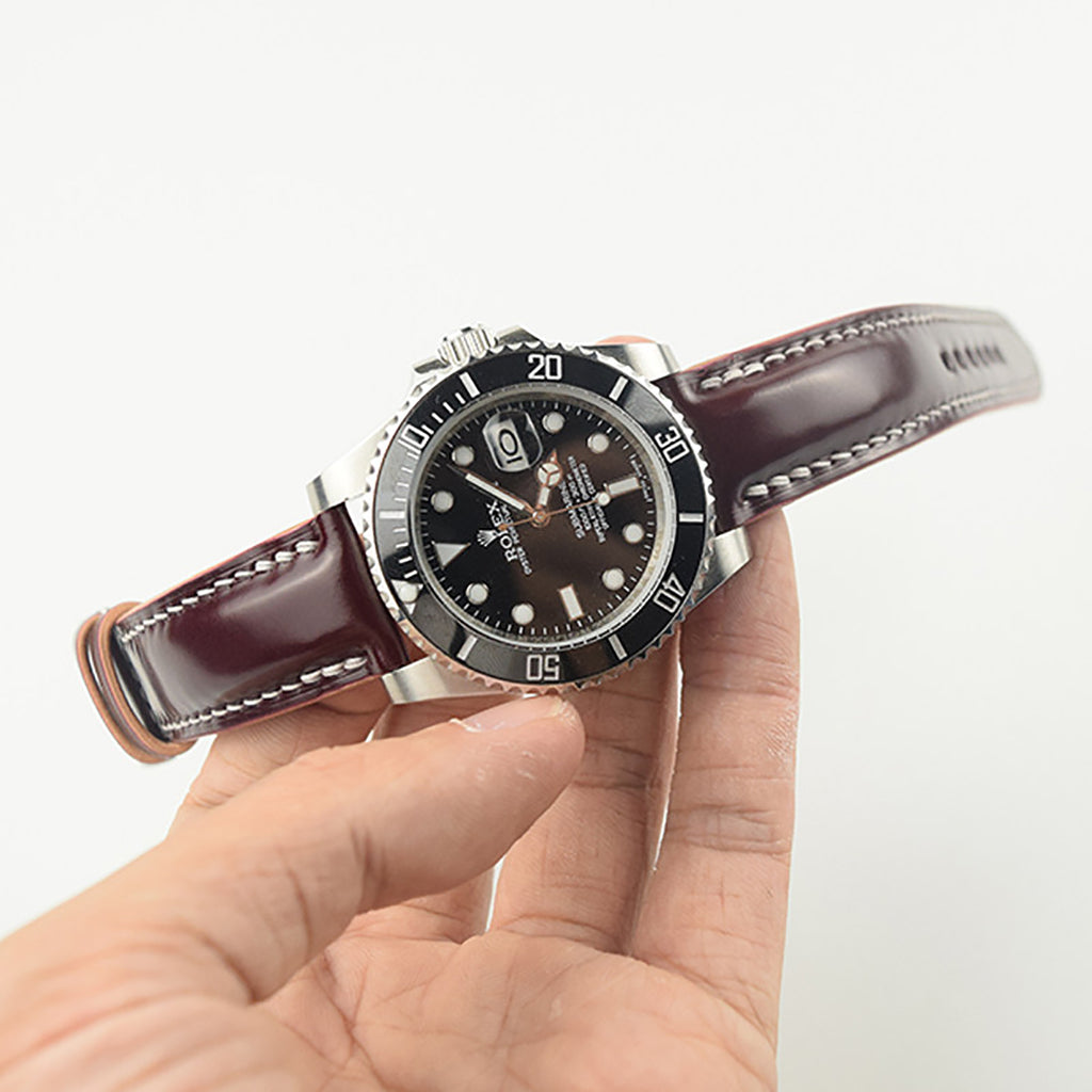 Compatible with Breitling & Tudor - Handmade Burgundy Horsehide Leather Watch Strap