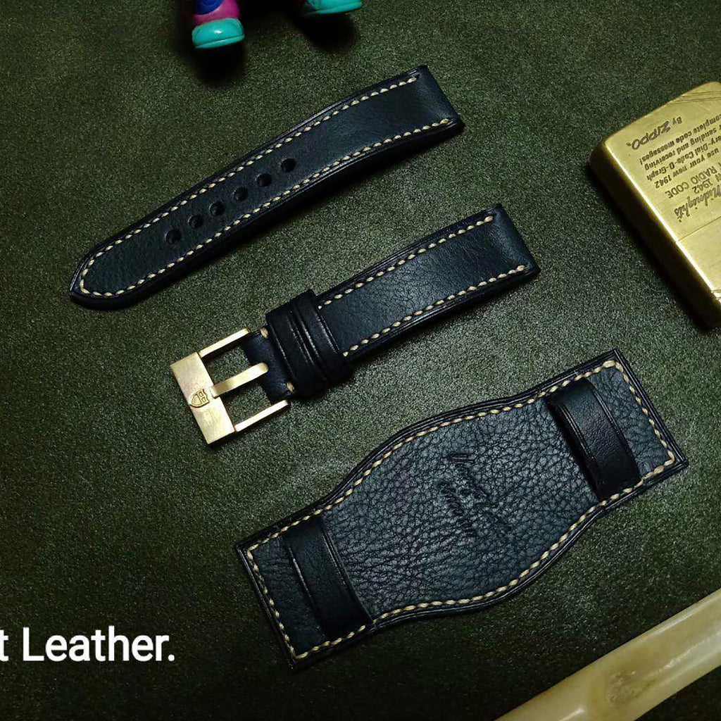 Handmade Custom Watch Strap - Italian Cowhide, Hypoallergenic Lining, Black Original Pin Buckle