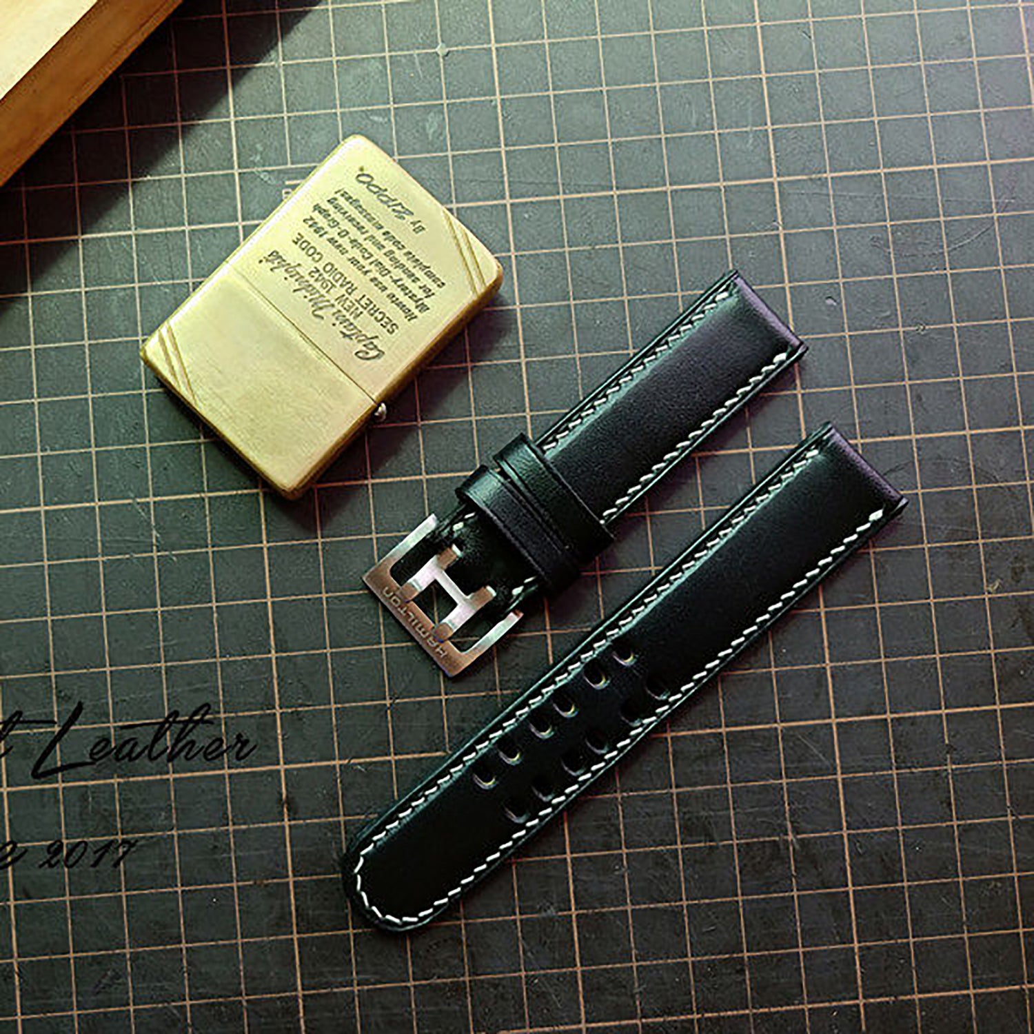 Handmade Custom Italian Black Cowhide Watch Strap - Double-Pin Double-Row Holes, Soft & Durable, Pin Buckle