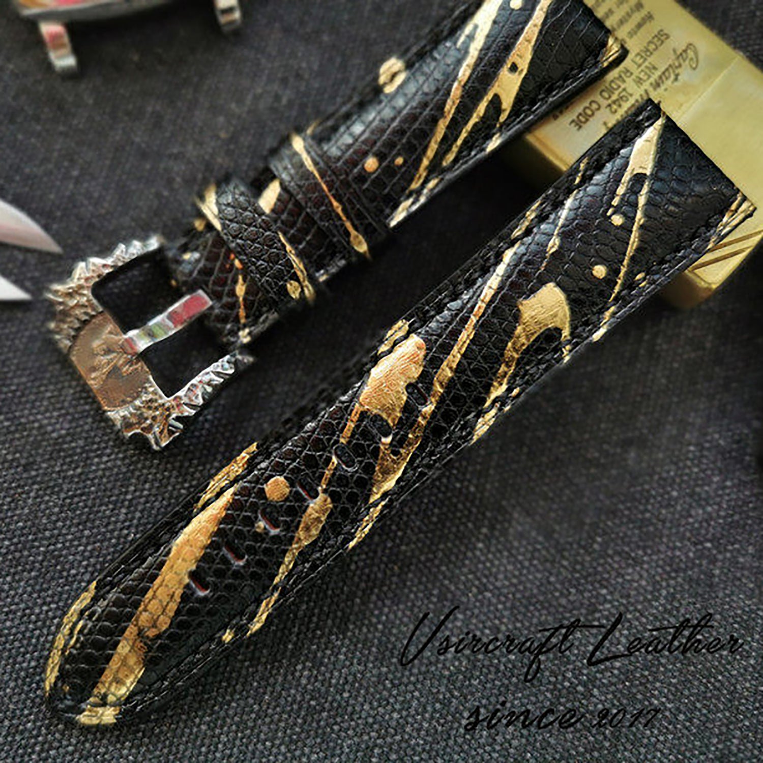 Handmade Custom Spanish Gilt Lizard Skin Watch Strap - Waterproof & Sweatproof, Black & Blue Pin Buckle