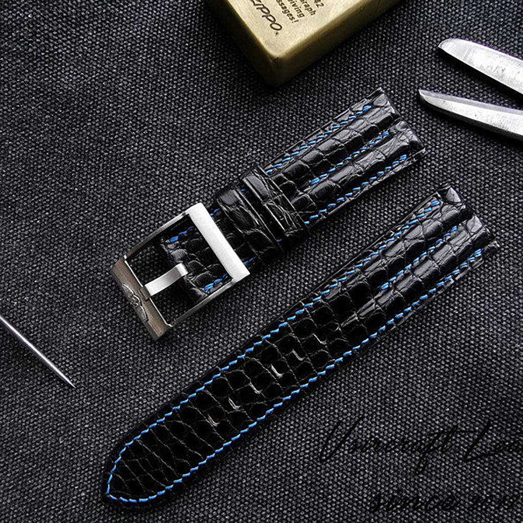 Handcrafted Custom Watch Strap - Double-Sided American Alligator Leather, Black, Waterproof & Sweat-Resistant, Soft Texture, Double-Strand Pin Buckle