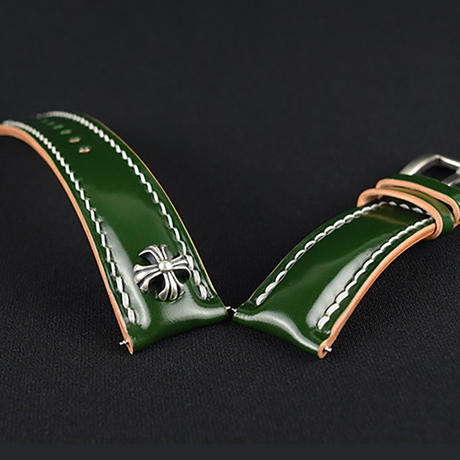 Handmade Custom Green Horsehide Leather Watch Strap with 925 Silver Studs - Vintage & Premium Style for "Green Water Ghost" Watch