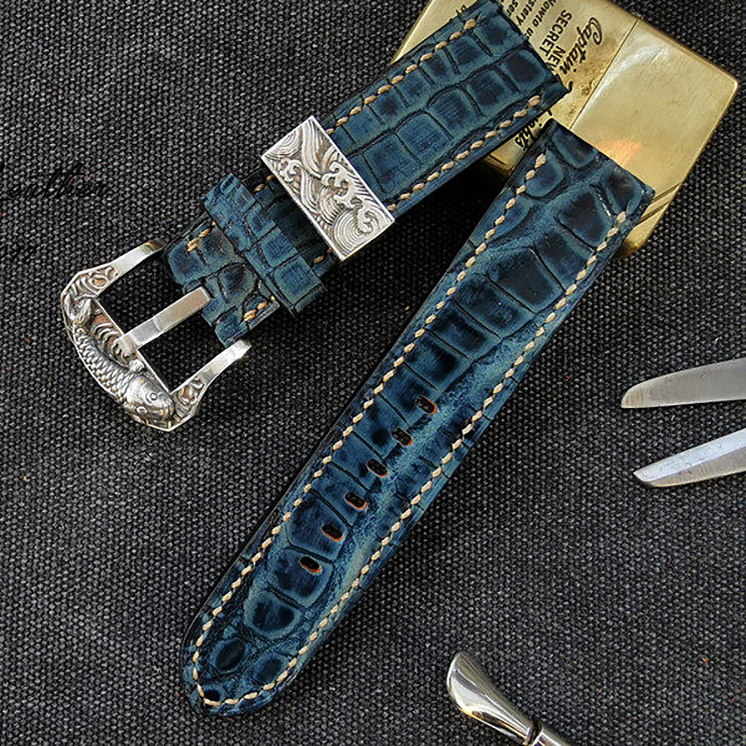 Handmade Custom American Vintage Sanded American Alligator Leather Watch Strap - Matte, Distressed, Black, Custom Pin Buckle