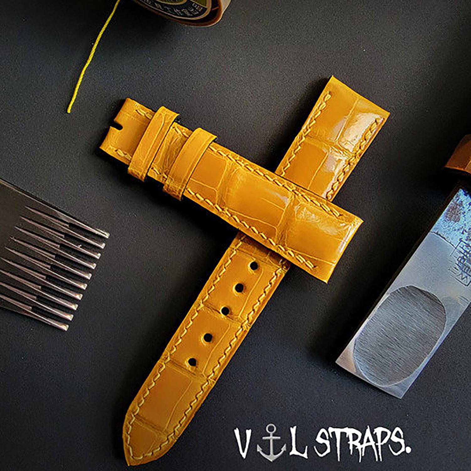 Handmade High-Gloss American Crocodile Leather Watch Strap - Custom Milk White Color, Waterproof, Thickened & Soft - Original Blue