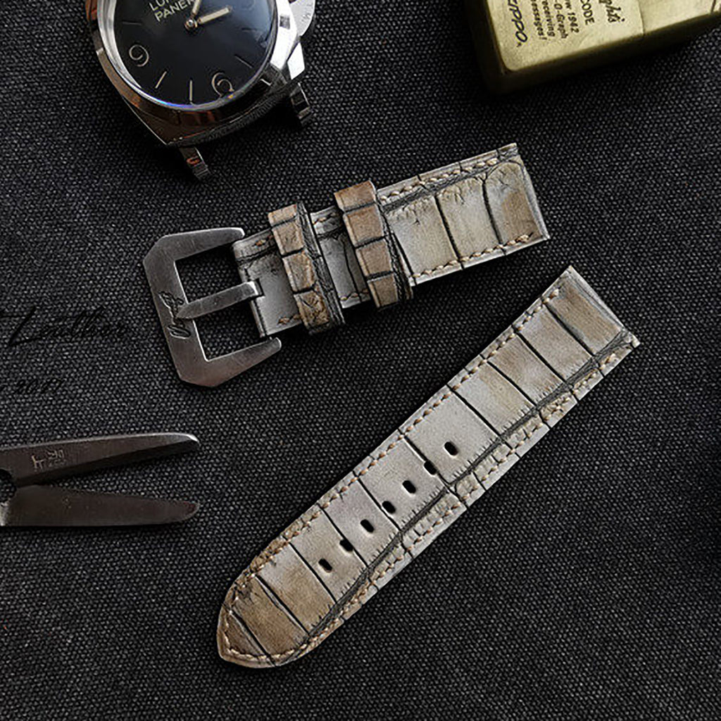 Handmade Custom American Vintage Sanded American Alligator Leather Watch Strap - Matte, Distressed, Black, Custom Pin Buckle