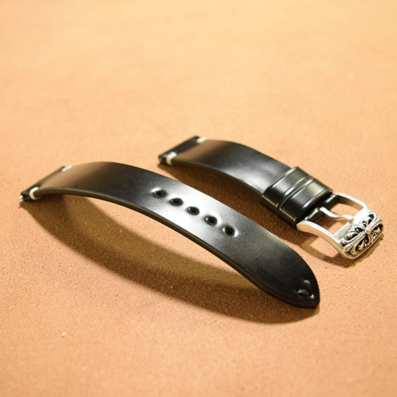 New Year Double-Sided Horsehide Leather Watch Strap - Minimalist Design, Retro Style, Handcrafted with Precision