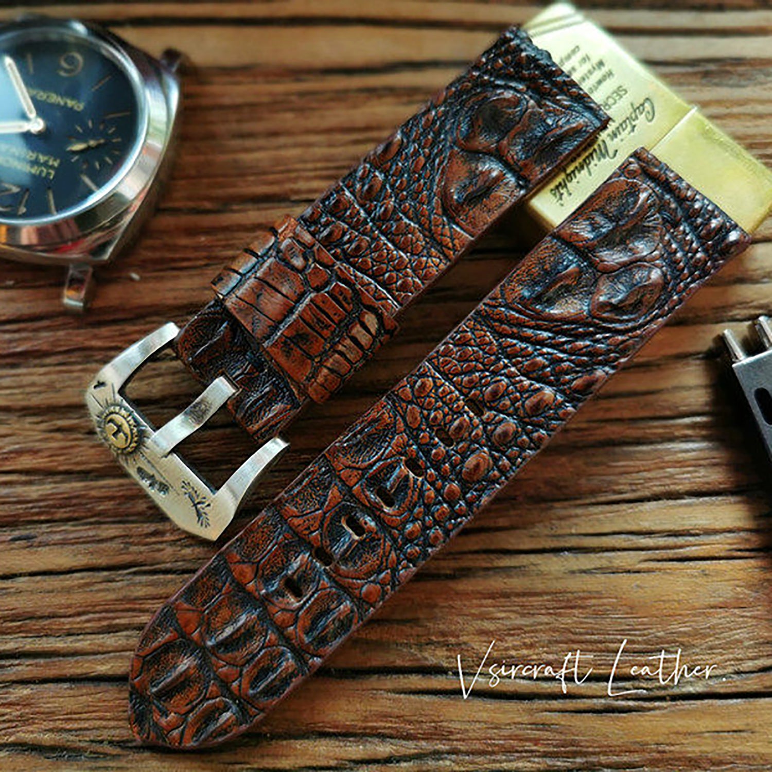 Custom Crocodile Backbone & Tail Leather Watch Strap - Personalized Design, Sweat-Resistant, Premium Pin Buckle