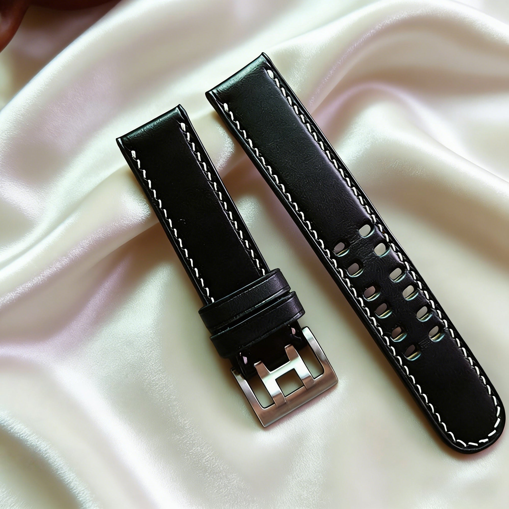 Handmade Custom Italian Black Cowhide Watch Strap, Double Needle & Double Hole Design, Soft and Durable, with Pin Buckle