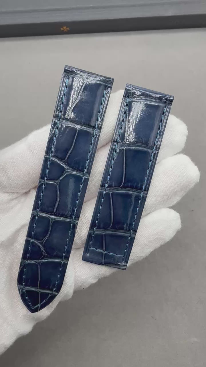 Handcrafted Custom Alligator Leather Watch Strap for Cartier Tank Series - Bright Blue, Single-Fold Clasp