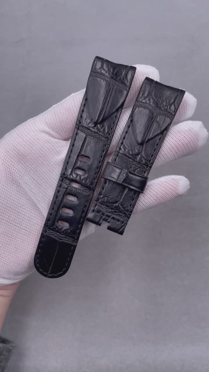 Custom Handmade Black Crocodile Leather Watch Strap with Triangular Design for Ulysse Nardin Marine Chronograph Men's Watch