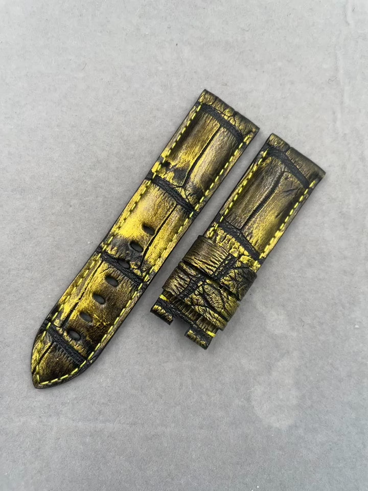 Fits Rolex Daytona Submariner Cellini and Panerai Ferrari Scuderia Flyback FER00014 Series Black Gold ALLIGATOR Handmade Custom Genuine Leather Watch Strap