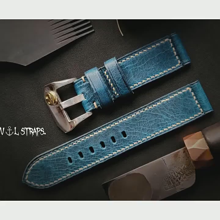 Handcrafted Italian Cracked Leather Watch Strap - Thickened Blue Version, Original Factory-Fitted
