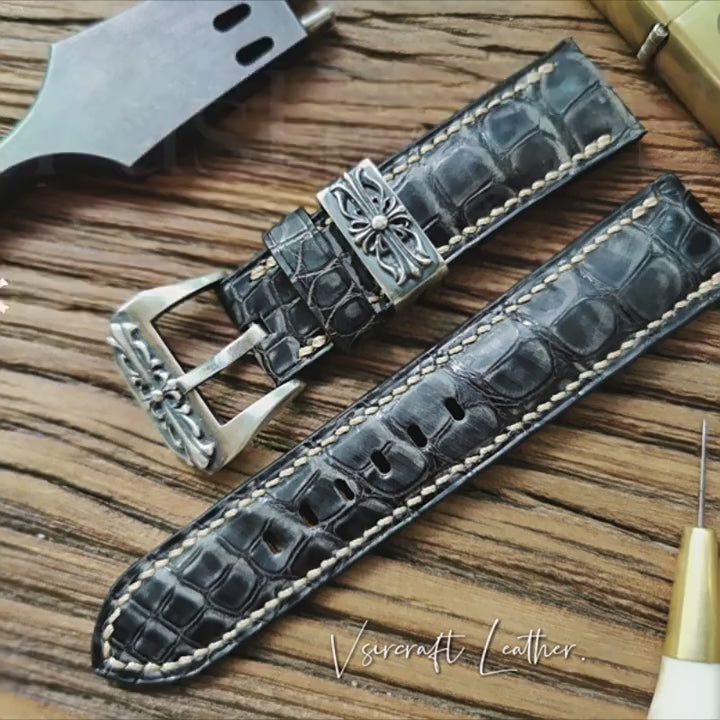 Handmade Custom Vintage American Matte Crocodile Leather Watch Strap - Matte Finish, Distressed Look, Pin Buckle