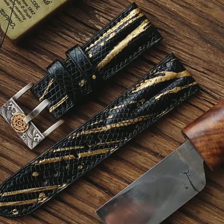 Handmade Custom Spanish Gilt Lizard Skin Watch Strap - Waterproof, Sweat-Resistant, Raised Texture, Black Pin Buckle