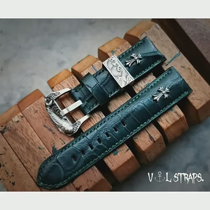 Handmade Custom American Crocodile Leather Watch Strap - Cracked Texture, Satin Finish, Black & Forest Green, Pin Buckle, Sweat-Resistant