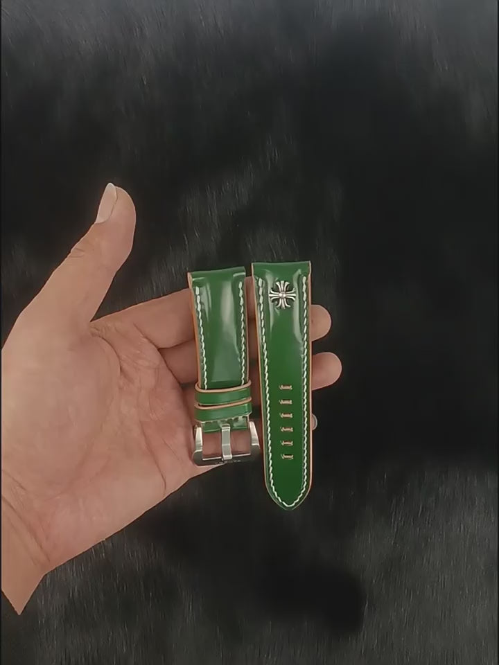 Handmade Custom Green Horsehide Leather Watch Strap with 925 Silver Studs - Vintage & Premium Style for "Green Water Ghost" Watch