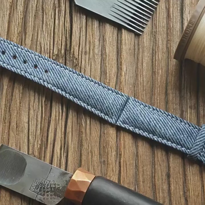 Handcrafted Custom Watch Strap - Imported Blue Denim & PP French Calf Leather, Minimalist Pin Buckle