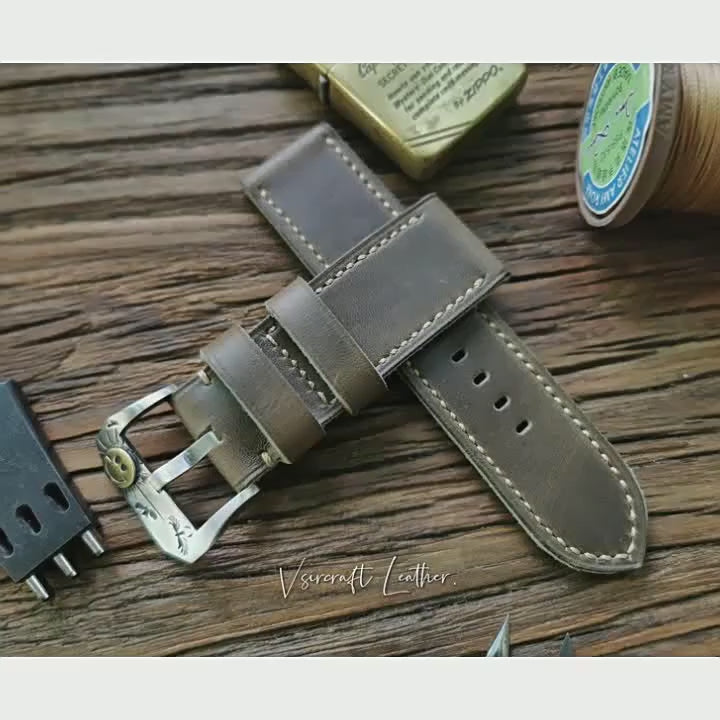 Handmade Custom American Vintage Olive Brown Thickened Cowhide Watch Strap - Soft, Durable, Pin Buckle, Cowhide Care