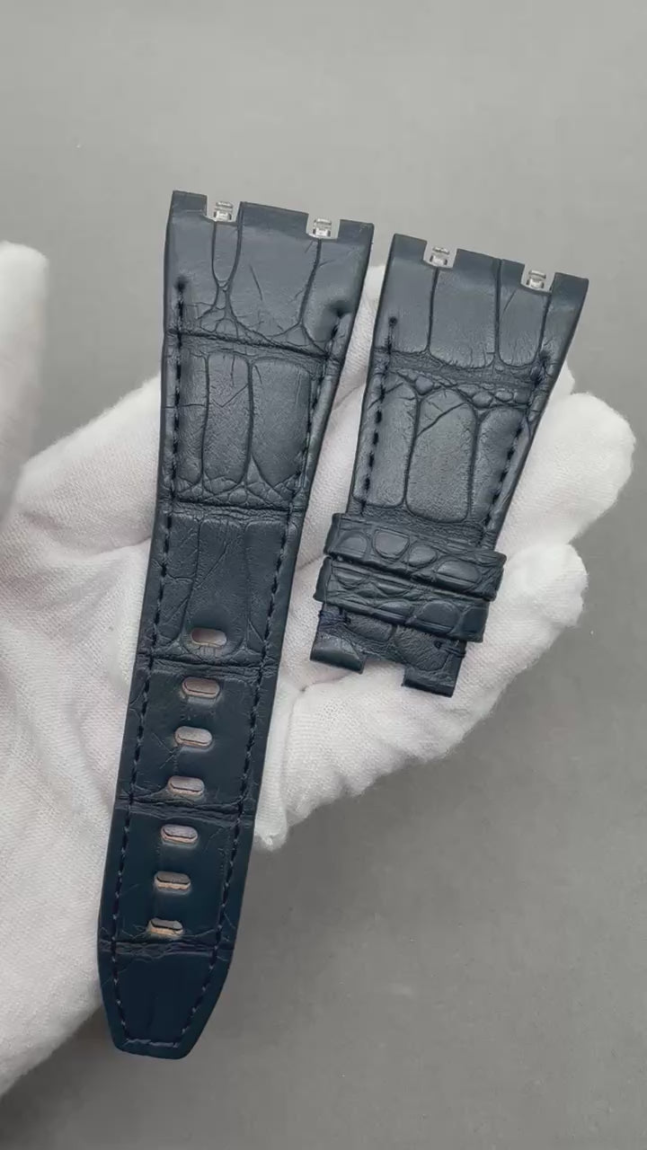Handcrafted Double-Sided Crocodile Leather Watch Strap in Deep Blue, Custom-Fit for Audemars Piguet Royal Oak 15400 Series