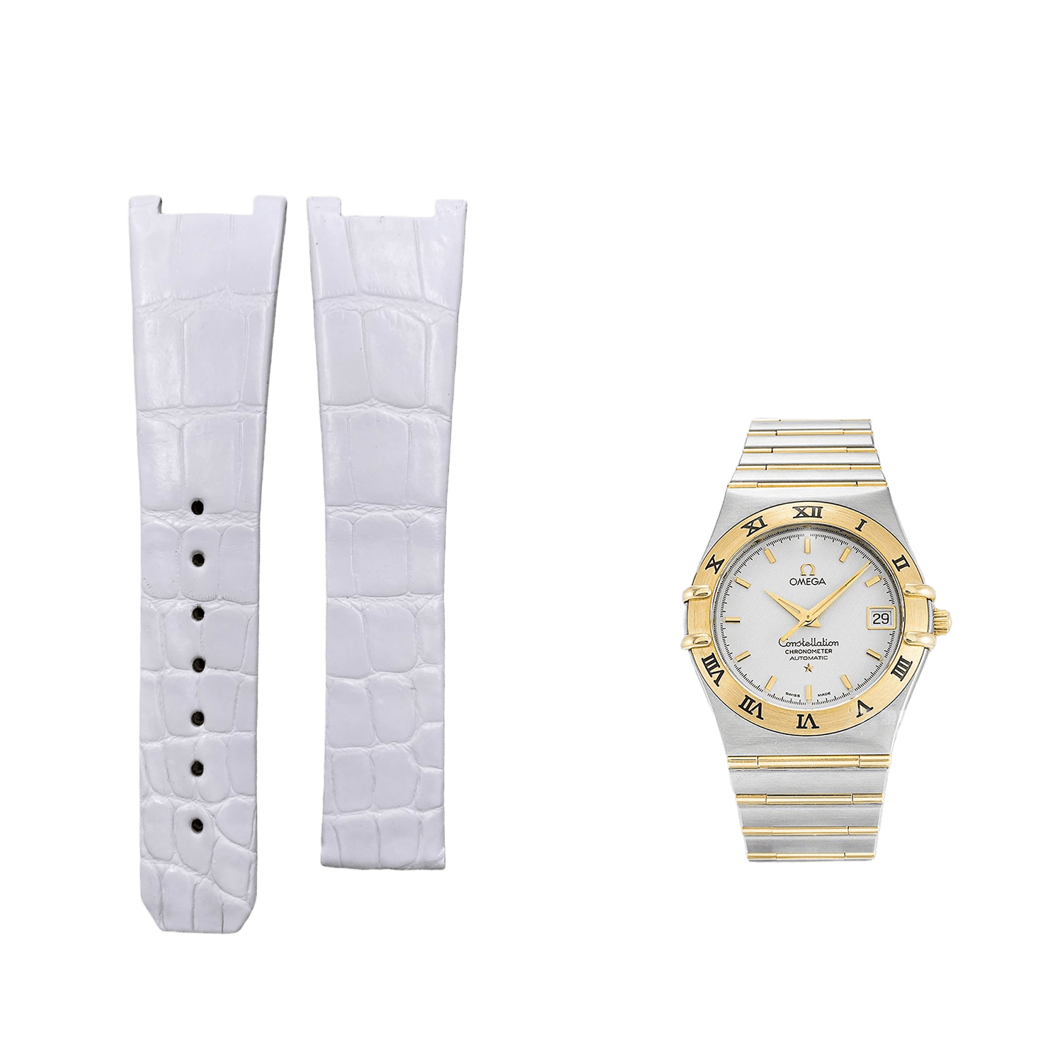 Compatible with Omega Constellation Double Eagle Manhattan White ALLIGATOR Folding Strap